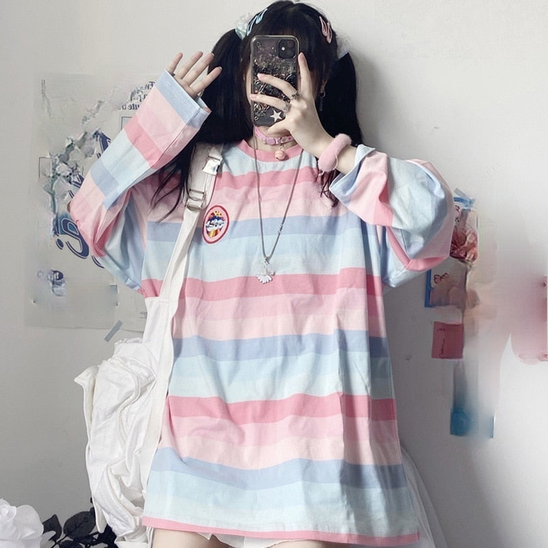 Long Sleeve T Shirt girl Top spring autumn embroidery stripe Tees Women full Sleeve T-shirt