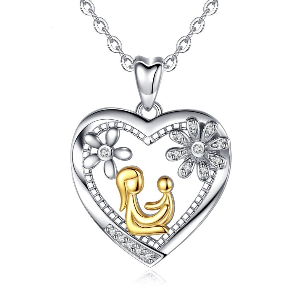 Mom Hold Child Pendant Heart Flower Charm Necklaces Fine Jewelry