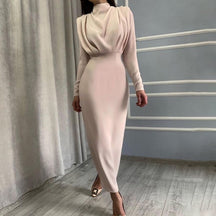 Elegant Women Dress Stand Collar Slim Waist Solid Ankle Length Autumn Long Sleeve Dress