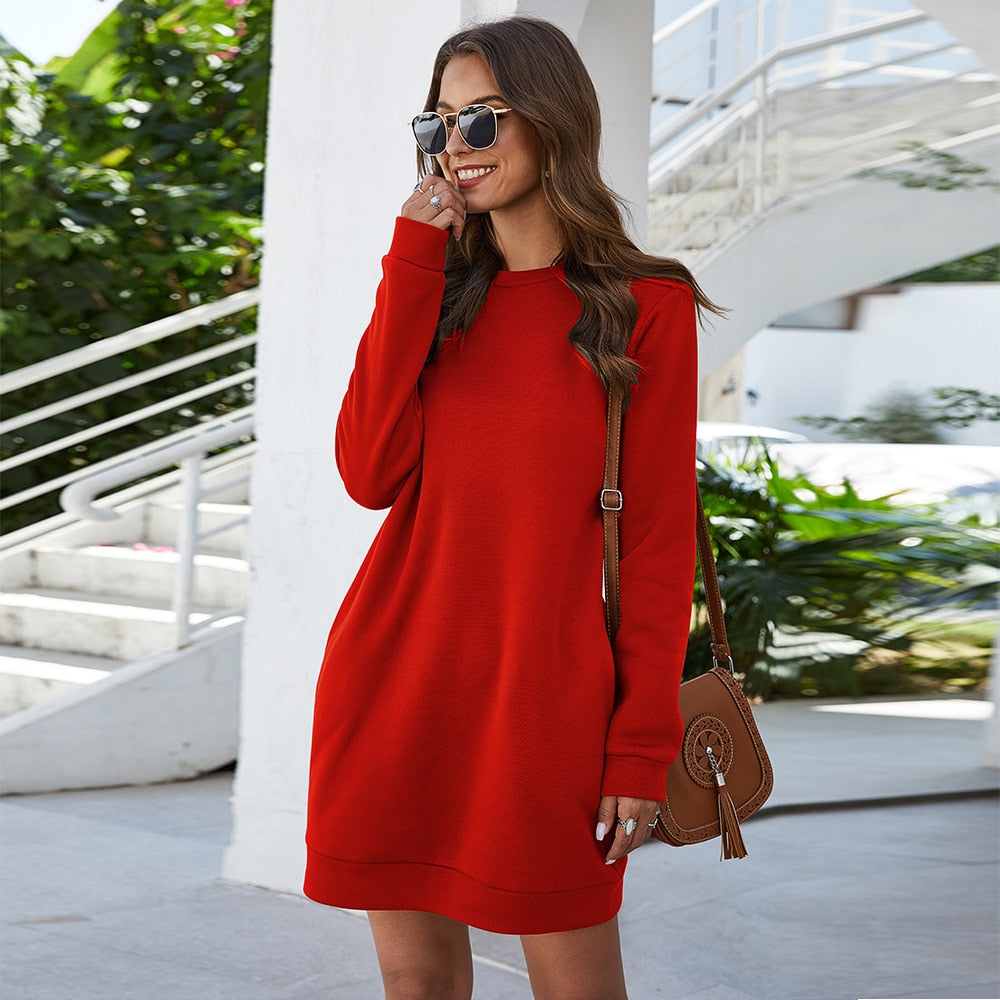 O Neck Long Sleeve Women's Sweatshirt Dress Solid Loose Pocket Ladies Mini Dress Vestidos