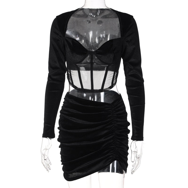 Velvet Mesh Long Sleeve Corset Out Crop Top Ruched Mini Dress 2 Pcs Set Bodycon