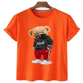 100% Cotton Sports Mask Bear Print Short-sleeved T-shirt Female Half-sleeved Casual Oversized T-shirt