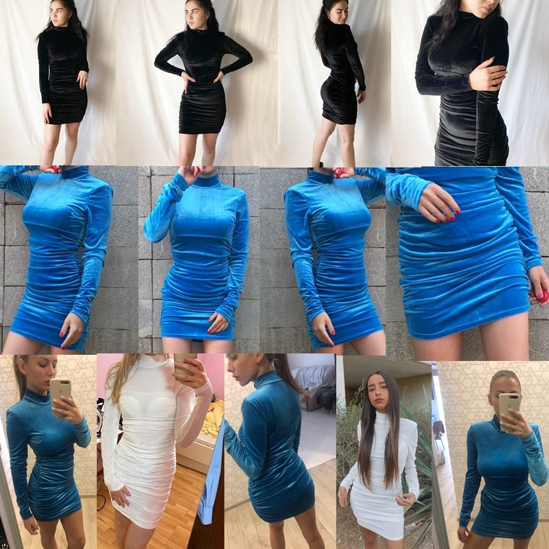 Bodycon Velvet Mini Dress Women Long Sleeve High Neck Party Dresses Female Velvet Sheath Dress