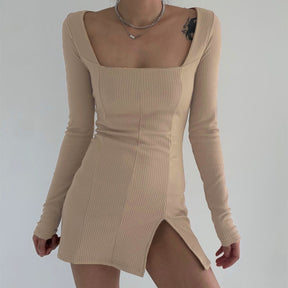 Square Neck Ribbed Black Dress Female Knitted Side Split Bodycon Dress Long Sleeve Mini Dresses