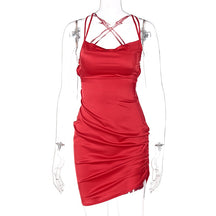 Satin Women Strap Mini Dress Ruched Lace Up Cross Bandage Backless Bodycon Sexy Party Elegant