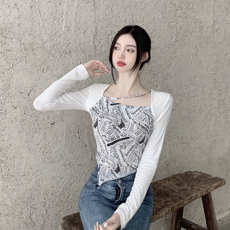 Letter Printed T-shirt Women Fake Two-piece Sexy Slim Long Sleeved Tops Female Cropped Tops