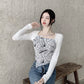 Letter Printed T-shirt Women Fake Two-piece Sexy Slim Long Sleeved Tops Female Cropped Tops