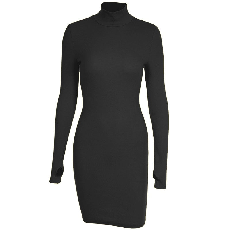 Spring Autumn Fashion Turtleneck Skinny Mini Dress Women Rib Knit Keep Warm Long Sleeve Dress