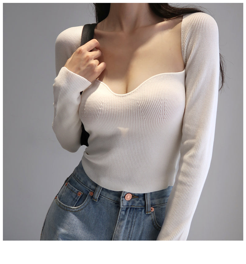 Magliette lavorate a maglia con scollo quadrato vintage francese da donna T-shirt pullover a maniche lunghe skinny da donna