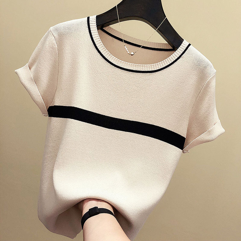 Thin Knitted T Shirt Women Short Sleeve Summer Tops Woman Clothes Striped Fashion T-Shirt