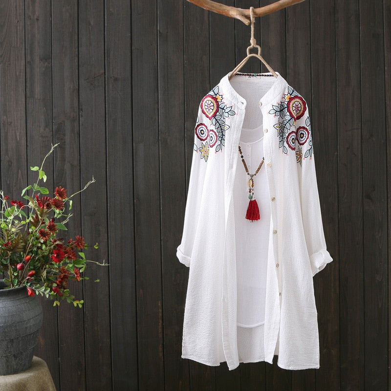 Women White Shirt 100% Cotton Embroidery Long Sleeve Button Up Blouse Loose Office Top