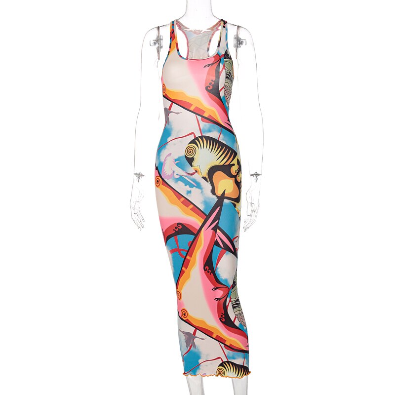 Sleeveless Hollow Out Straps Asymmetric Print Backless Ruched Sexy Maxi Dress