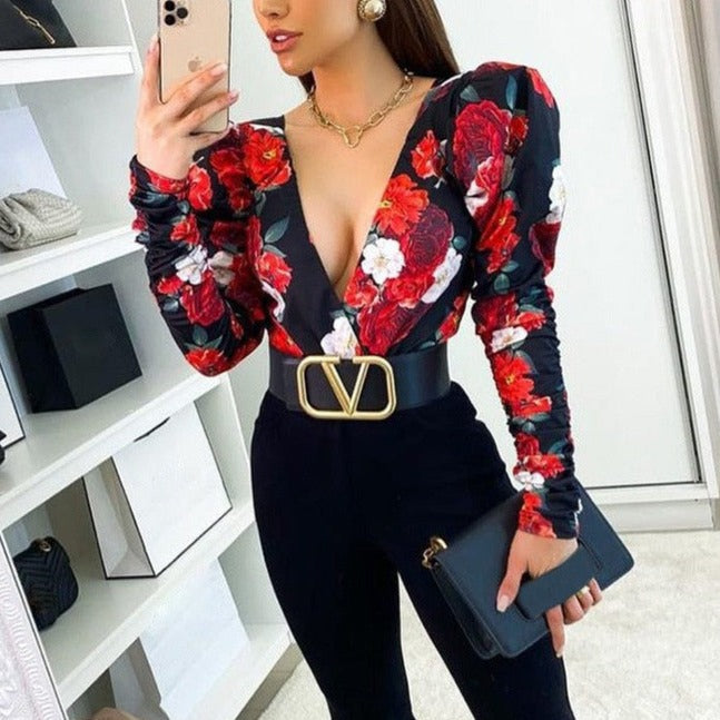 Primavera Elegante Boho Print Body Pagliaccetti Tute da donna Manica a sbuffo Skinny Sexy scollo a V