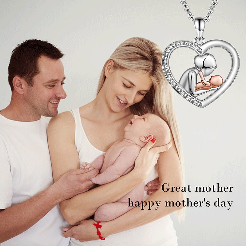 Mom Embrace Child Heart Zircon Pendant Necklaces 925 Sterling Silver Rose Gold Newborn Baby Chains For Women Fine Jewelry Gift