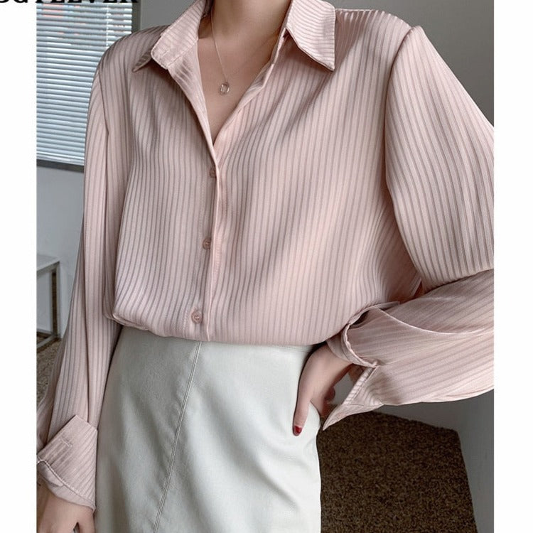 Office Ladies Striped Women Blouses Tops Full Sleeve Loose Shirts