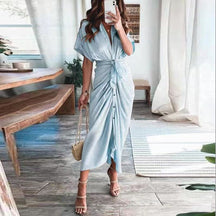 Women Summer Short Sleeve Slit Long Dress Turn-down Collar Elegant Button Draped Party Dresses