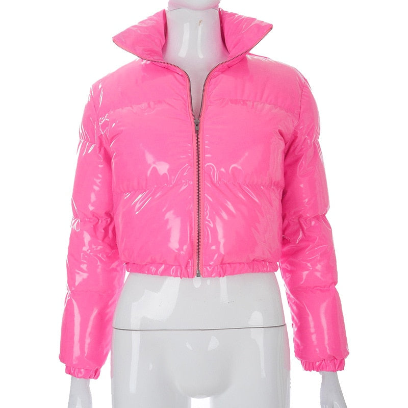 Faux PU Leather Y2K Bubble Puffer Winter Warm Jacket Women Long Sleeve Coats