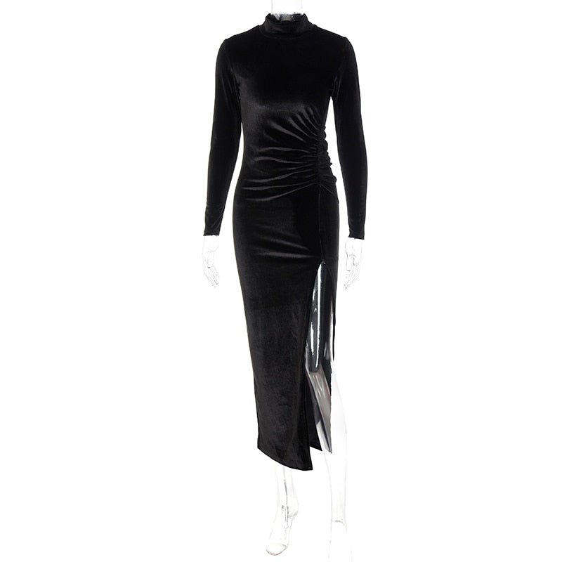 Women Velvet Long Sleeve Ruched Midi Dress Side Slit Bodycon Streetwear