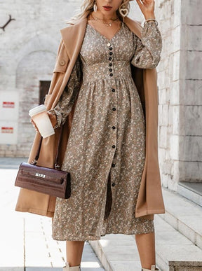 Retro pleated v-neck buttons A-line floral Elegant high waist maxi dress Long lantern sleeves vestido female