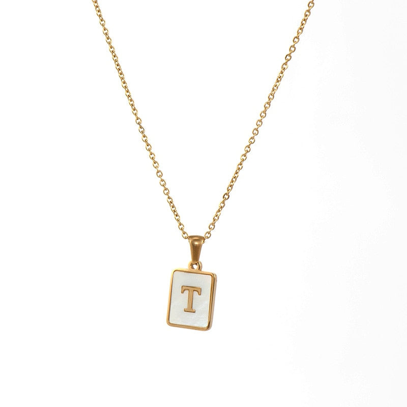 18K Golden Chain Necklaces Male Square Natural Shell Initial Letters Pendant Stainless Steel Jewelry