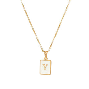 18K Golden Chain Necklaces Male Square Natural Shell Initial Letters Pendant Stainless Steel Jewelry