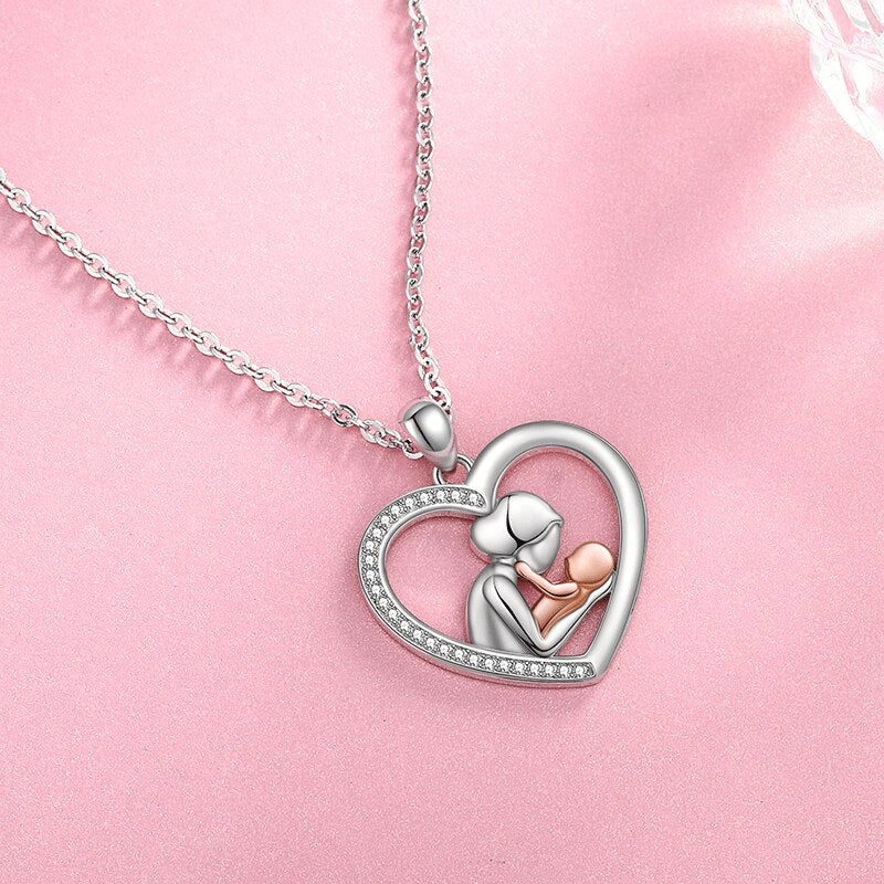 Mom Embrace Child Heart Zircon Pendant Necklaces 925 Sterling Silver Rose Gold Newborn Baby Chains For Women Fine Jewelry Gift