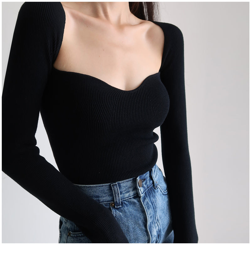 Magliette lavorate a maglia con scollo quadrato vintage francese da donna T-shirt pullover a maniche lunghe skinny da donna