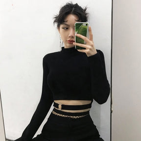 Women Slim Short T-shirt Sexy Tight Turtleneck Long Sleeve Goth Crop Top