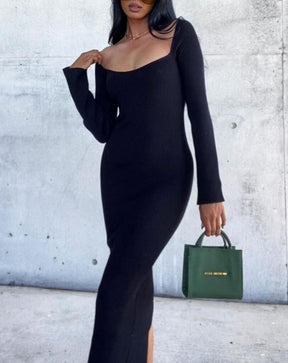 2022 Knitted Green Midi Sexy Bodycon Women Dress Spring Long Sleeve Off Shoulder Split Sweater Dresses