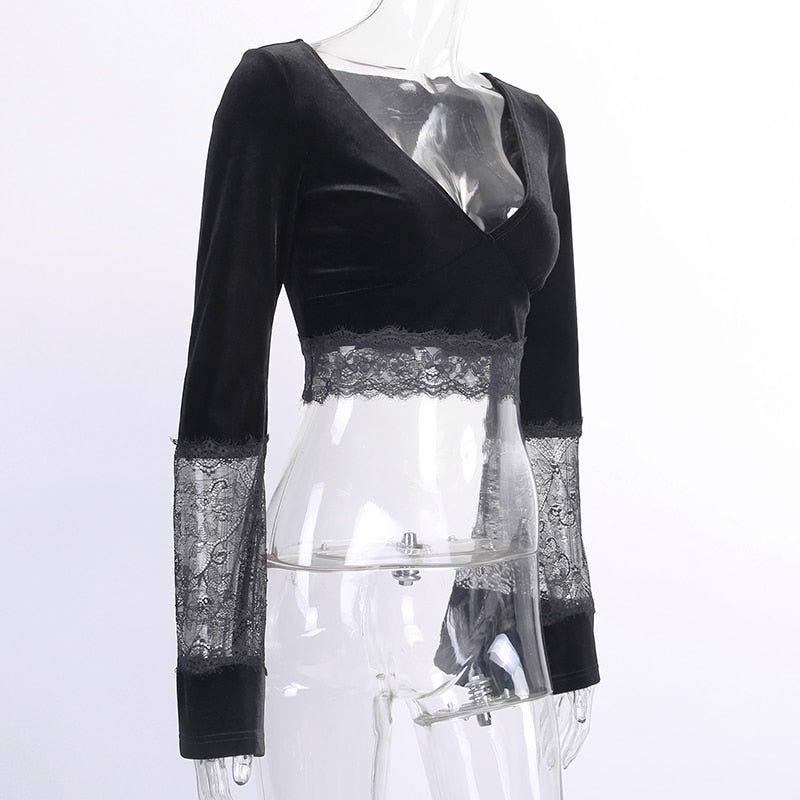 Ins Goth Sexy Women Gothic Crop Top Flare Long Sleeve Lace Hollow Out Black  V-neck T-shirt
