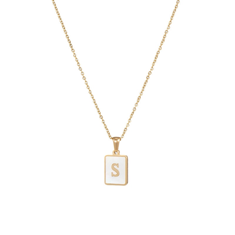 18K Golden Chain Necklaces Male Square Natural Shell Initial Letters Pendant Stainless Steel Jewelry