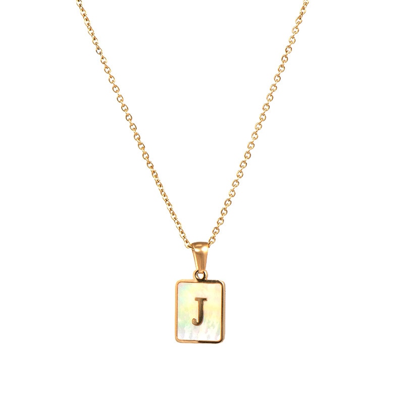 18K Golden Chain Necklaces Male Square Natural Shell Initial Letters Pendant Stainless Steel Jewelry