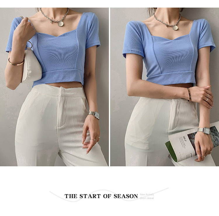 French Clavicle Square Collar Tops Women High Waist Croped Top Short Sleeve T-shirt Female