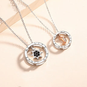 couple silver color ring sun and moon two-color pendant necklace jewelry gift