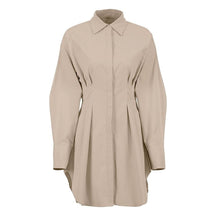 Autumn Winter Bodycon Dress Women Long Sleeve Khaki Pleated Shirt Midi Dresss