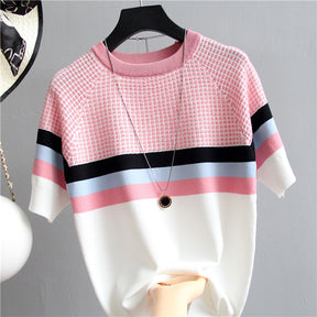 Thin Knitted T Shirt Women Short Sleeve Summer Tops Woman Clothes Striped Fashion T-Shirt