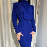 Elegant Women Dress Stand Collar Slim Waist Solid Ankle Length Autumn Long Sleeve Dress