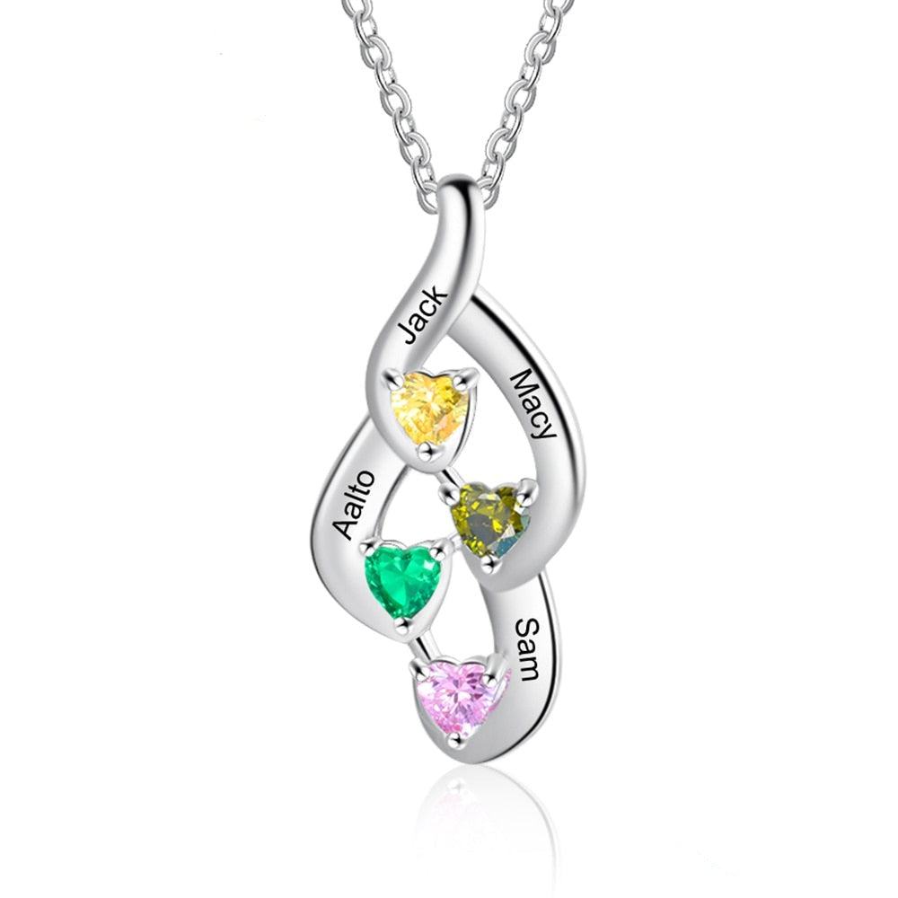 925 Sterling Silver Mother Necklace with 4 Custom Birthstones Name Heart Necklaces