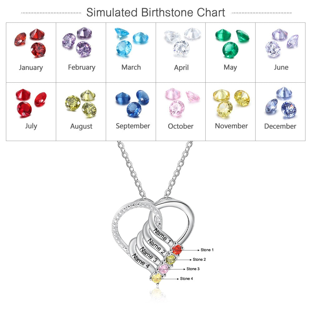 Personalized Family Heart Pendant Necklace with 2-6 Birthstones Name Necklace