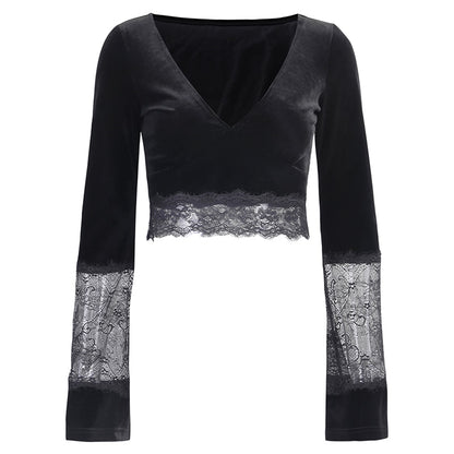 Ins Goth Sexy Women Gothic Crop Top Flare Long Sleeve Lace Hollow Out Black  V-neck T-shirt