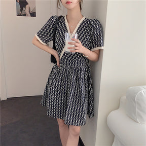 Women Summer V Neck Jacquard Floral Long Dress High Waist Short Sleeve Exquisite Midi Dresses