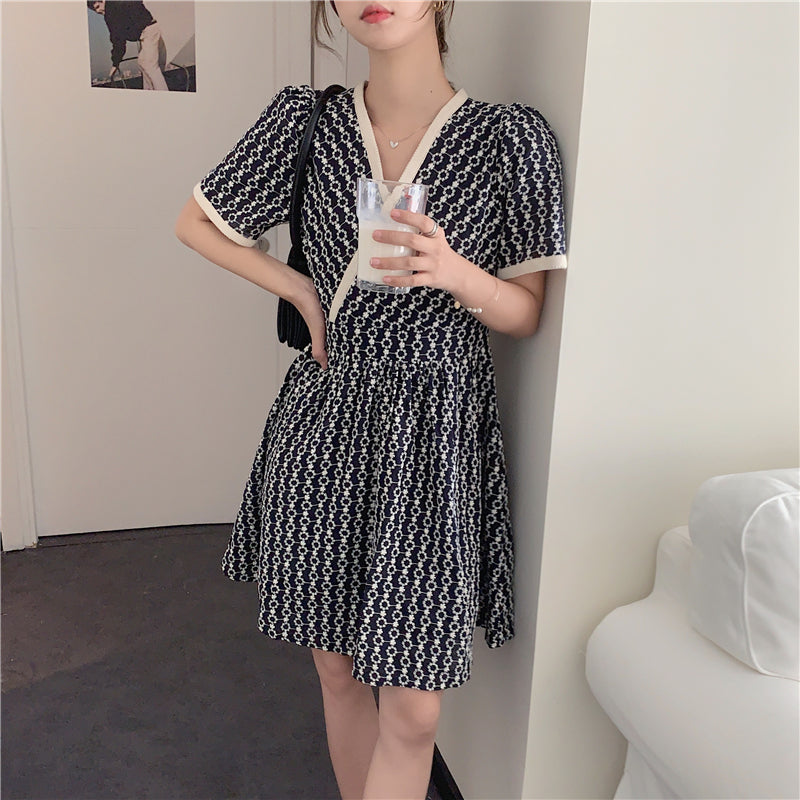 Women Summer V Neck Jacquard Floral Long Dress High Waist Short Sleeve Exquisite Midi Dresses