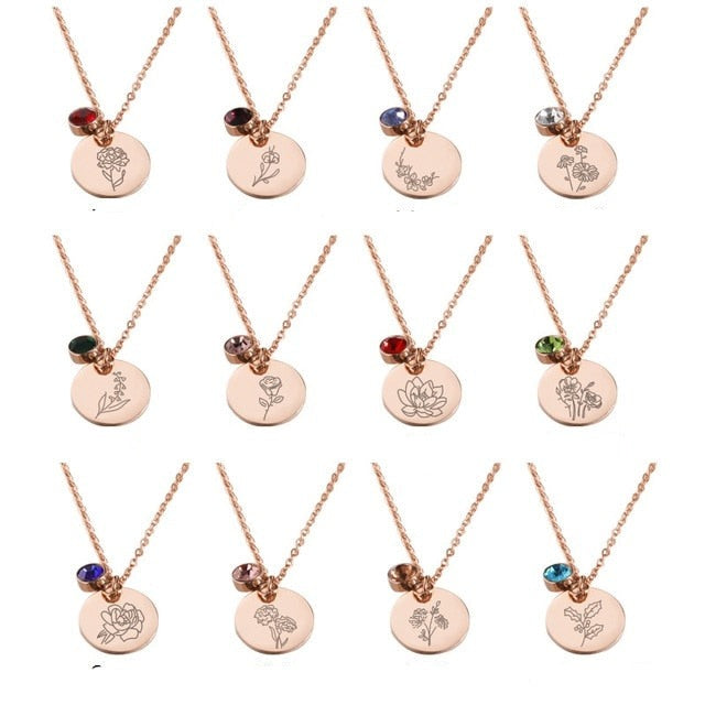 Stainless Steel Birth Flower Necklaces Birthstone Choker Necklace