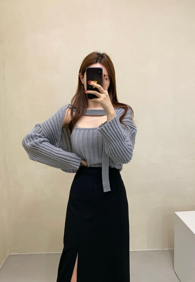 Camisole Knitted Cardigans Women Two Piece Sets 2021 Autumn Sweater Jacket Woman