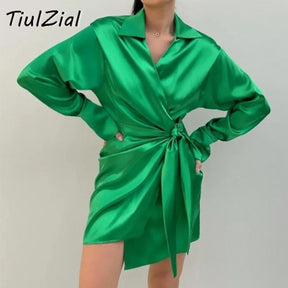 Long Sleeve Mini Satin Dress Nothed Lace Up Bandage Wrap High Waist Casual Shirt Dresses