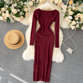 Strapless Ribbed Knitted Bodycon Dress Women Winter Long Sleeve Midi Sweater Dress