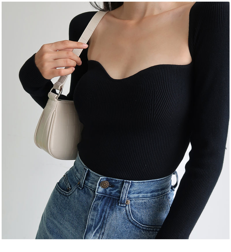 Magliette lavorate a maglia con scollo quadrato vintage francese da donna T-shirt pullover a maniche lunghe skinny da donna
