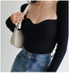 Magliette lavorate a maglia con scollo quadrato vintage francese da donna T-shirt pullover a maniche lunghe skinny da donna