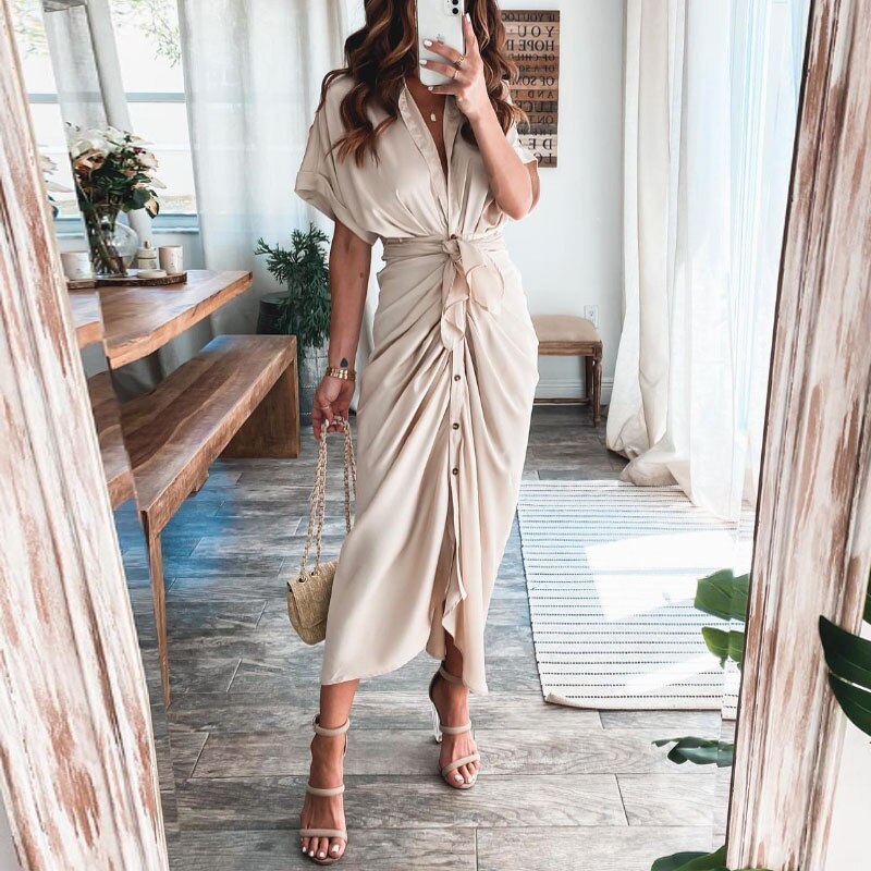 Women Summer Short Sleeve Slit Long Dress Turn-down Collar Elegant Button Draped Party Dresses