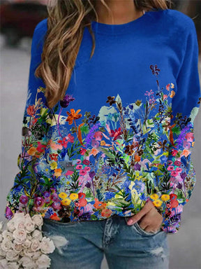 Women's Flower Print Top Loose Long-sleeved Round Neck Sweater All-match T-shirt